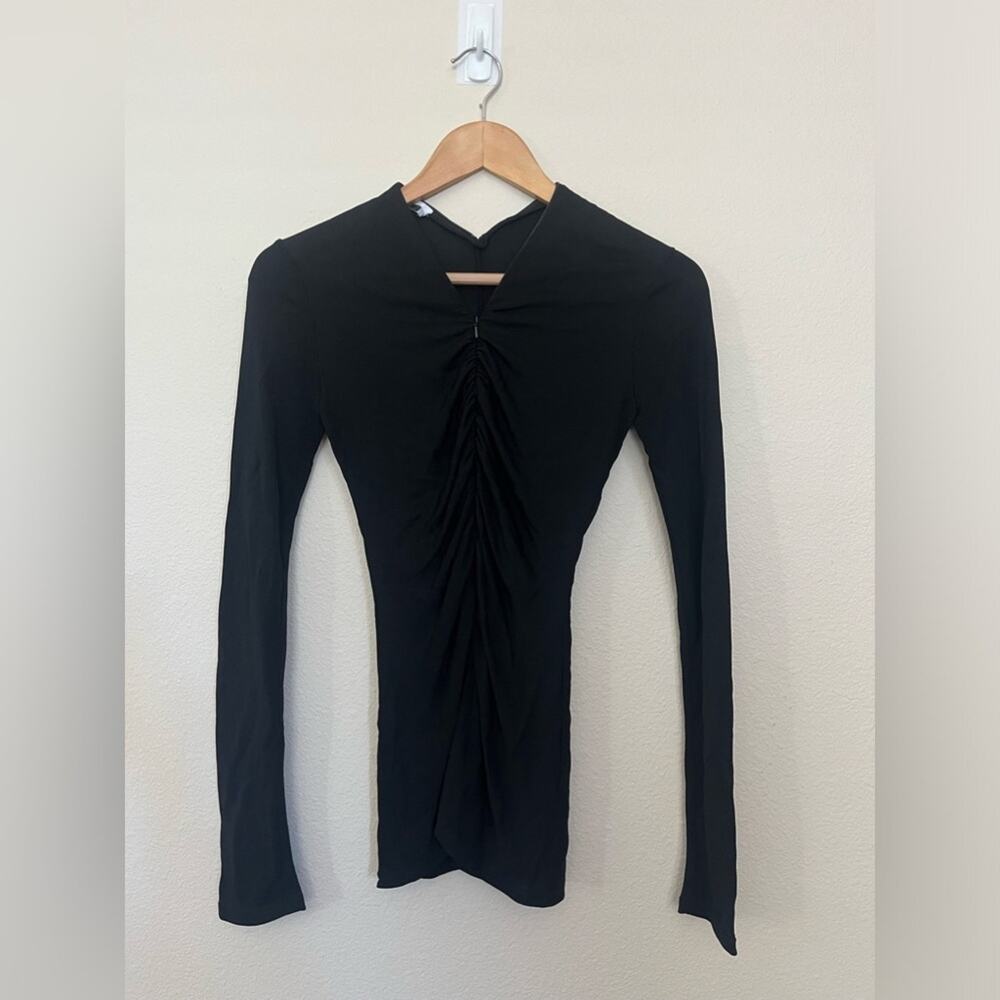 Another Tomorrow Made in Italy long sleeve black V neck bodycon top